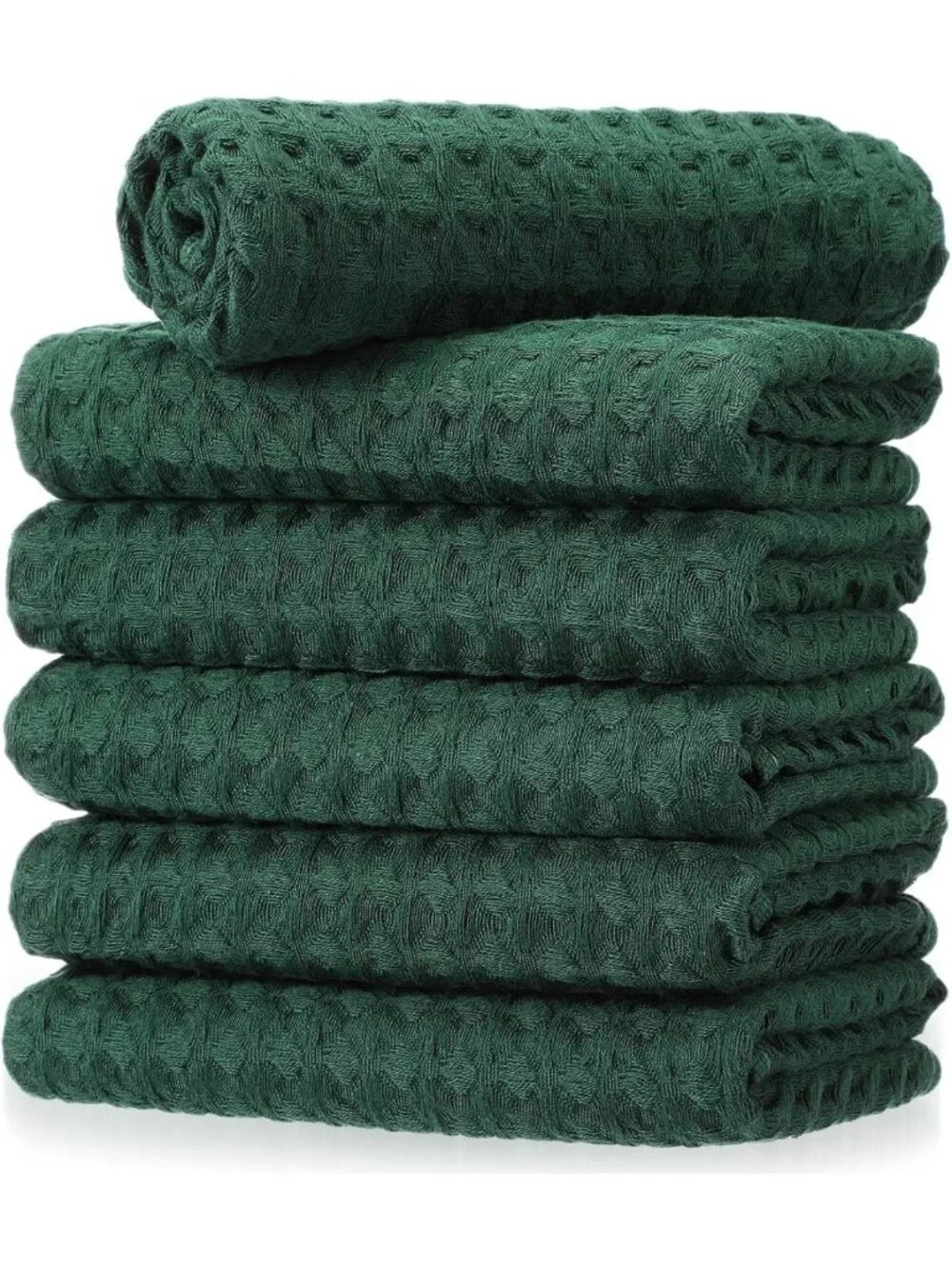 6 Pcs Dark Green Waffle Weave Hand Towels - Soft, Absorbent, Quick Dry, Boho